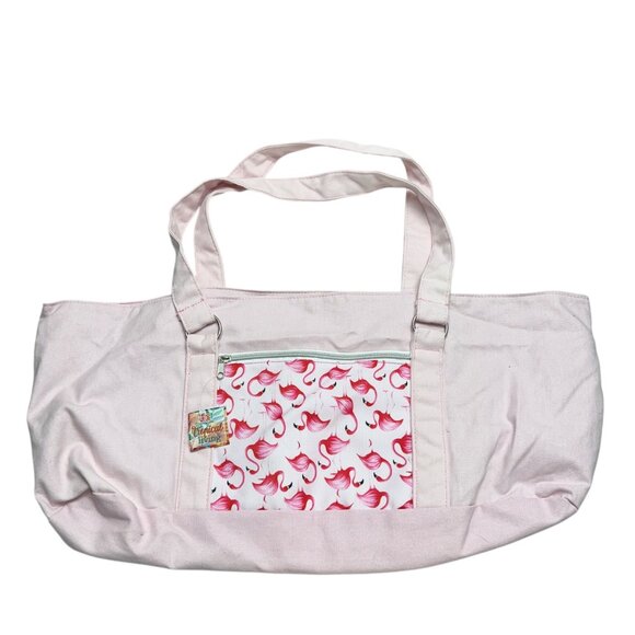 Pink Canvas Tote Bag Flamingo Print Lined Pocket Zippered Compartments By DEI - Picture 2 of 13